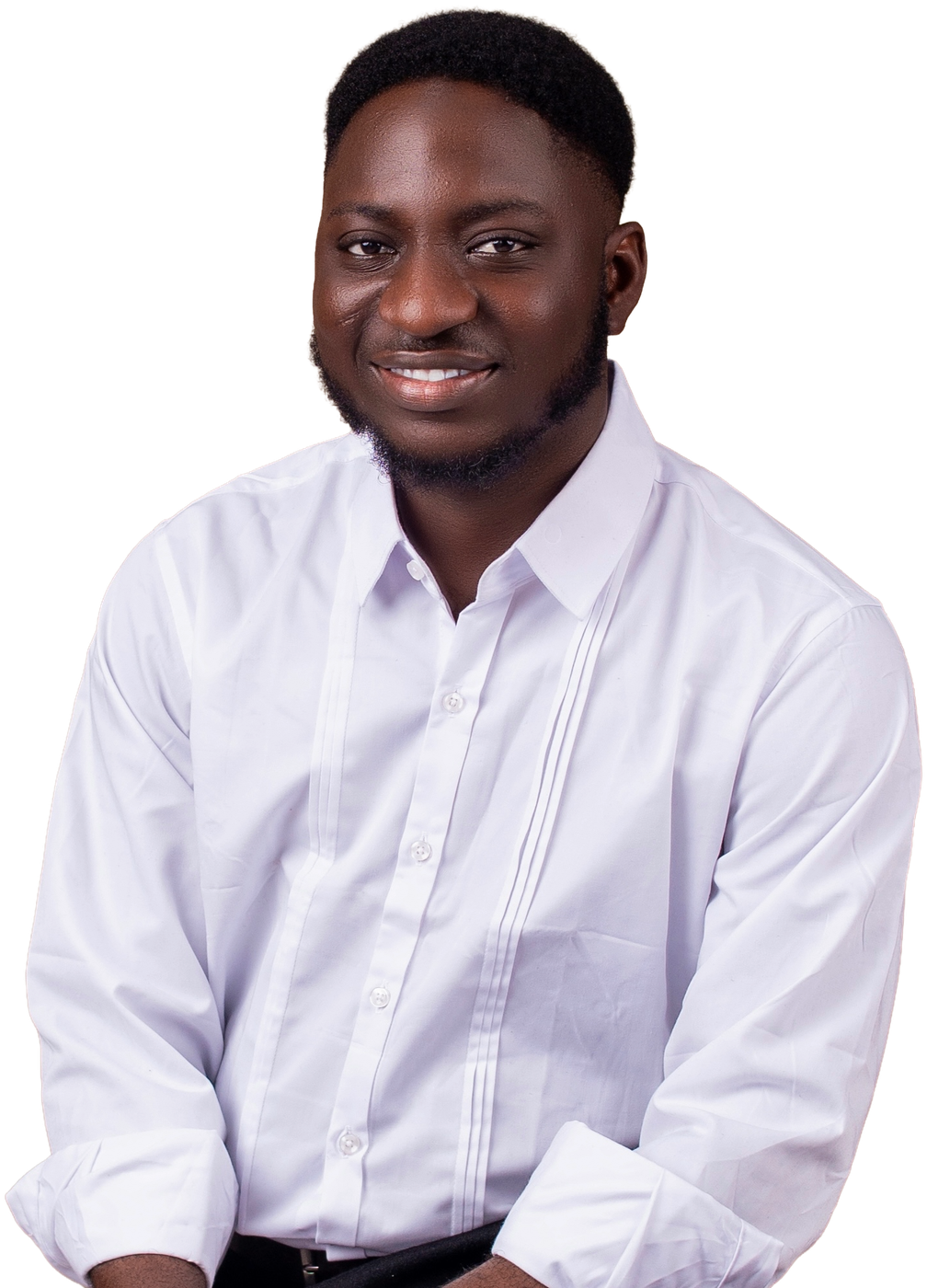 Michael Akintayo in a white shirt, smiling